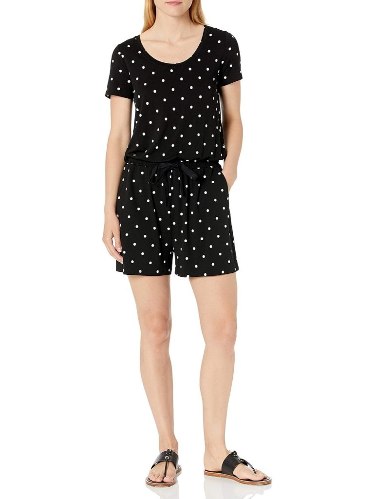 Women's Black Dots Casual Summer Short Sleeve Scoop Elastic Waist Neck Romper